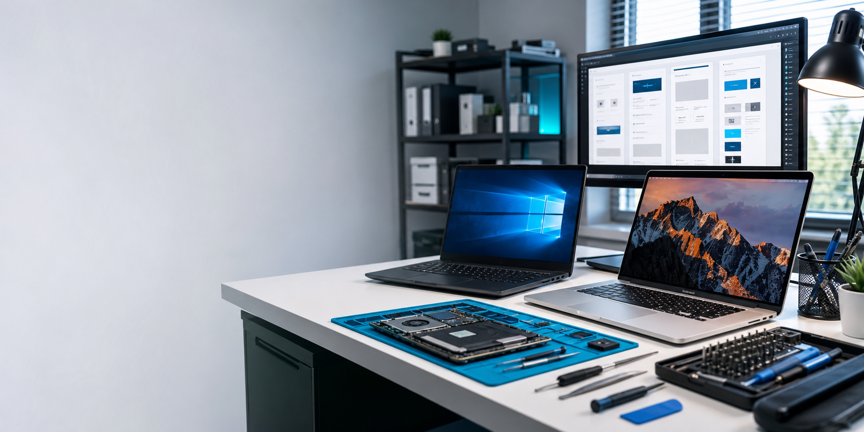 Professional computer repair and website development workspace